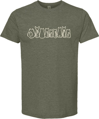 Moss colored t-shirt with white cat illustrations printed in cream