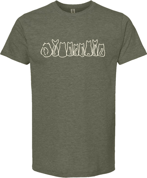 Moss colored t-shirt with white cat illustrations printed in cream