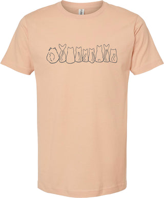 Peach t-shirt with cat illustrations printed in gray ink.