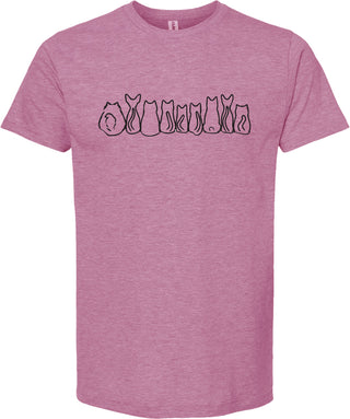Raspberry t-shirt with black cat butt illustrations printed in black ink. 