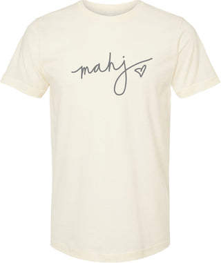 Cream t-shirt with 'mahj' printed in gray ink with a gray heart.