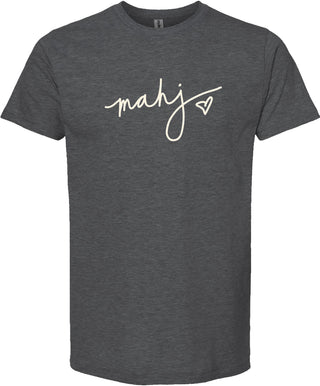 Dark gray t-shirt with 'mahj' printed in cream ink with a cream heart.