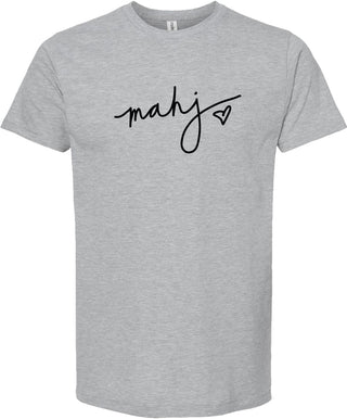 Light gray t-shirt with 'mahj' printed in black ink with a black heart.