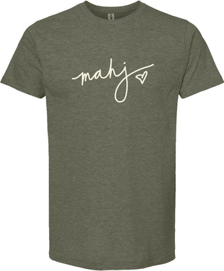 Moss t-shirt with 'mahj' and a  heart printed with cream ink