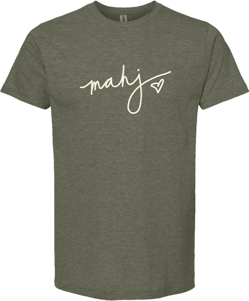 Moss t-shirt with 'mahj' printed ink cream with a cream heart.