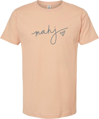 Peach t-shirt with 'mahj' and a small heart printed in gray ink 