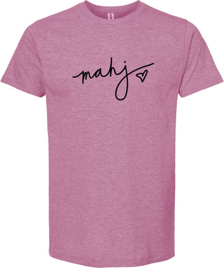Raspberry t-shirt with 'mahj' printed black ink with a black heart.