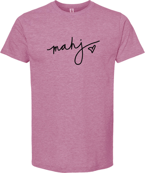 Raspberry t-shirt with 'mahj' printed black ink with a black heart.