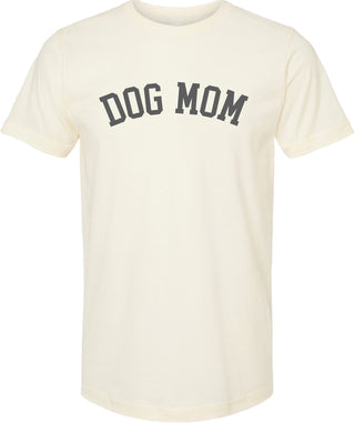 Cream t-shirt with 'DOG MOM' test printed in gray ink.