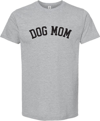 Light gray t-shirt with 'DOG MOM' test printed in black ink.