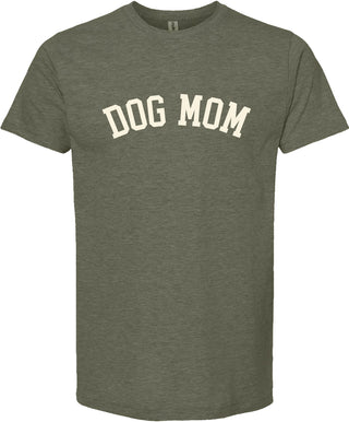 Moss t-shirt with 'DOG MOM' test printed in cream ink.
