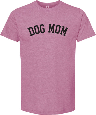 Raspberry t-shirt with 'DOG MOM' test printed in black ink.