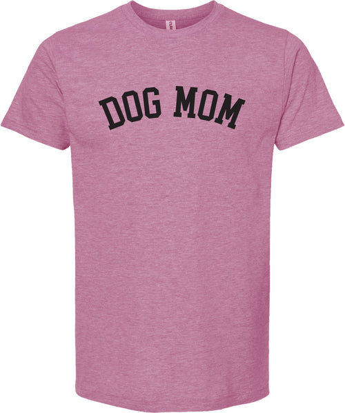 Raspberry t-shirt with 'DOG MOM' test printed in black ink.