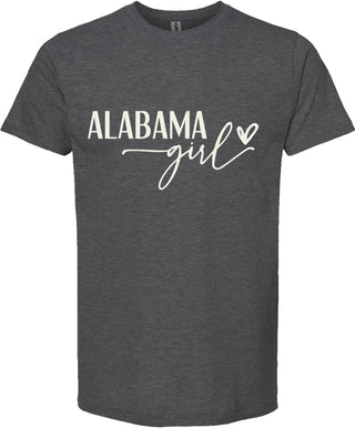 Dark gray t-shirt with 'Alabama girl' text on a white background