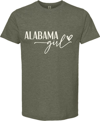 Moss green unisex t-shirt with "Alabama girl" printed on the front.