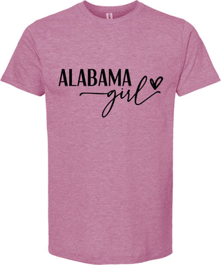Raspberry unisex t-shirt with "Alabama girl" printed on the front.