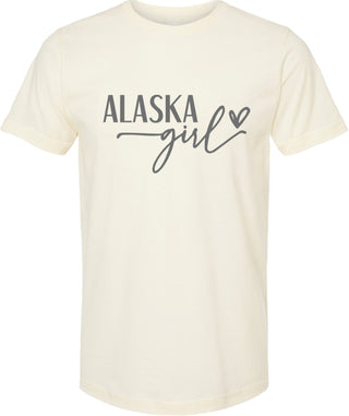 Cream t-shirt with 'Alaska girl' text on a white background