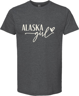Dark gray t-shirt with 'Alaska girl' text on a white background
