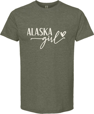 Green t-shirt with 'Alaska girl' text on a white background