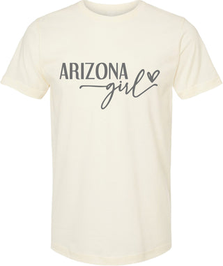 Cream t-shirt with 'Arizona girl' text on a white background