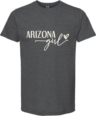 Dark gray t-shirt with 'Arizona girl' text on a white background