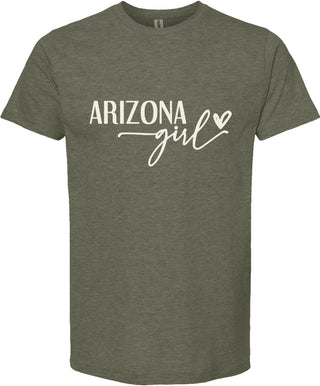 Green t-shirt with 'Arizona girl' text on a white background