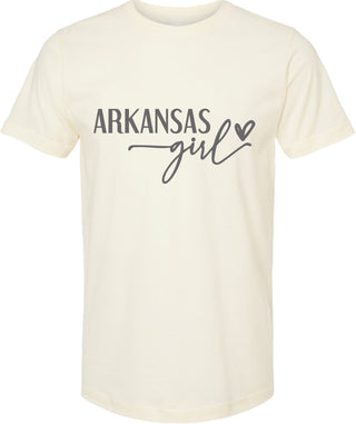 Cream t-shirt with 'ARKANSAS girl' text on a white background