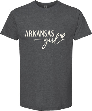 Dark gray t-shirt with 'Arkansas girl' text on a white background