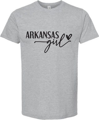 Light Gray t-shirt with 'Arkansas girl' text on a white background