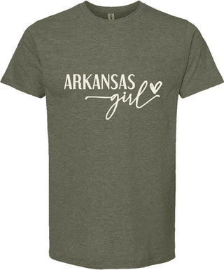 Green t-shirt with 'ARKANSAS girl' text on a white background