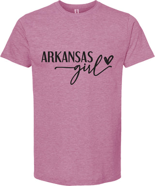 Raspberry t-shirt with 'ARKANSAS girl' text on a white background