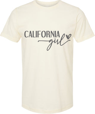 Cream t-shirt with 'California girl' text on a white background