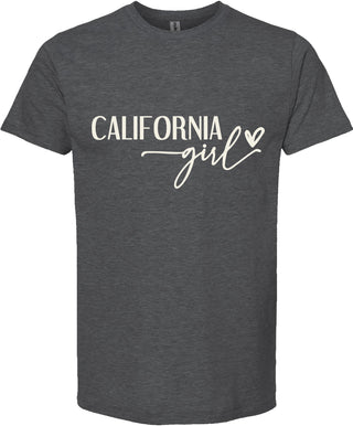 Dark gray t-shirt with 'California girl' text on a white background