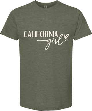 Green t-shirt with 'California girl' text on a white background