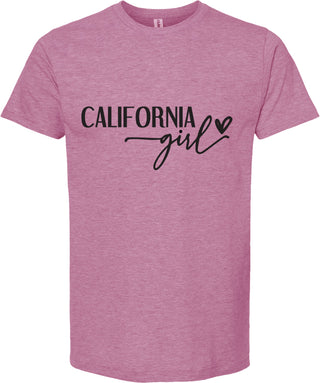 Raspberry t-shirt with 'California girl' text on a white background