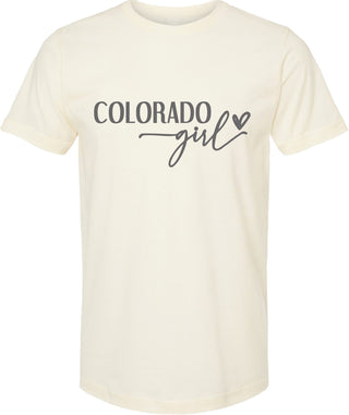 Cream t-shirt with 'Colorado girl' text on a white background