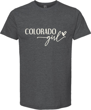 Dark gray t-shirt with 'Colorado girl' text on a white background
