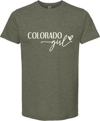 Green t-shirt with 'Colorado girl' text on a white background