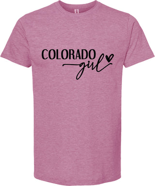 Raspberry t-shirt with 'Colorado girl' text on a white background