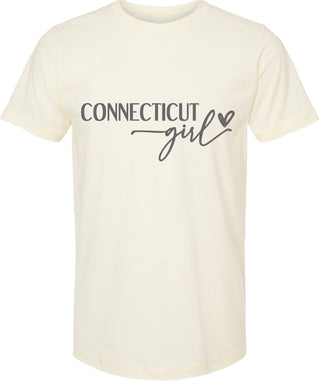 Cream t-shirt with 'Connecticut girl' text on a white background