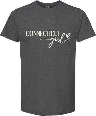 Dark gray t-shirt with 'Connecticut girl' text on a white background