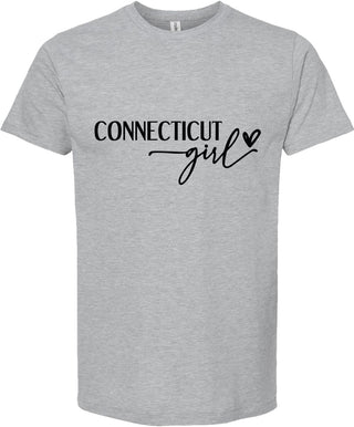 Light Gray t-shirt with 'Connecticut girl' text on a white background