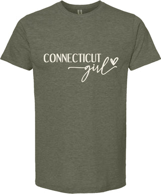 Green t-shirt with 'Connecticut girl' text on a white background