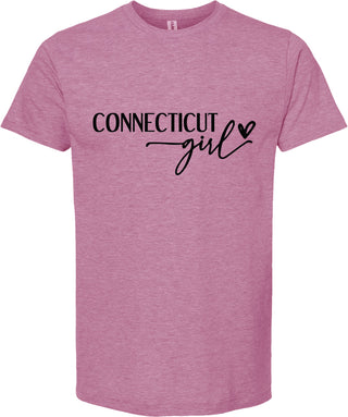 Raspberry t-shirt with 'Connecticut girl' text on a white background