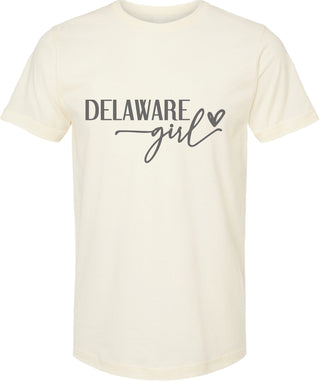 Cream t-shirt with 'Delaware girl' text on a white background