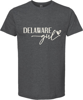 Dark gray t-shirt with 'Delaware girl' text on a white background