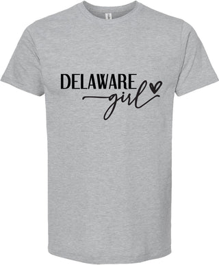 Light Gray t-shirt with 'Delaware girl' text on a white background