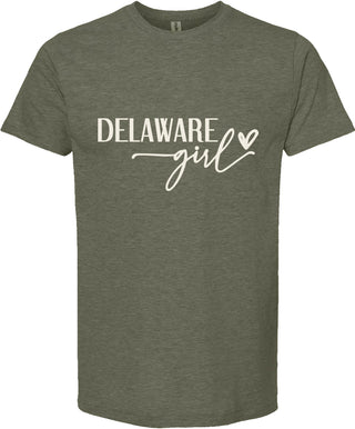 Green t-shirt with 'Delaware girl' text on a white background