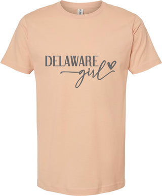 Peach t-shirt with 'Delaware girl' text on a white background