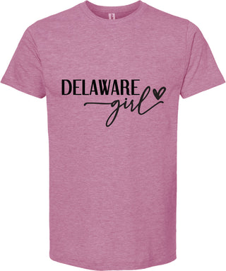 Raspberry t-shirt with 'Delaware girl' text on a white background